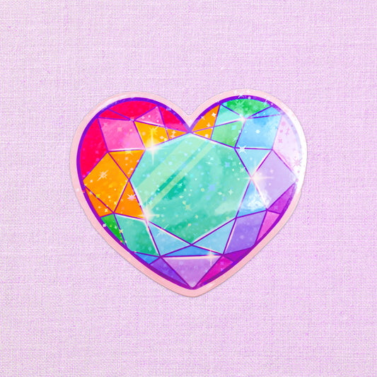 Colorful heart-shaped gem vinyl sticker with holographic shine.