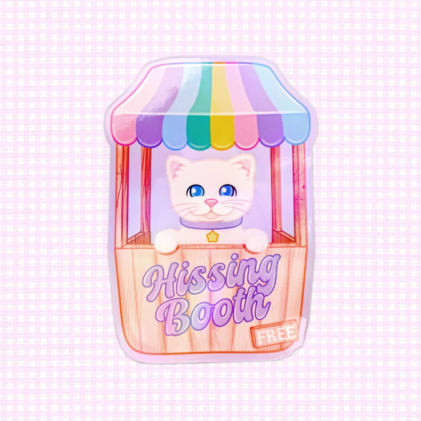 Kitten in a colorful hissing booth holographic vinyl sticker.