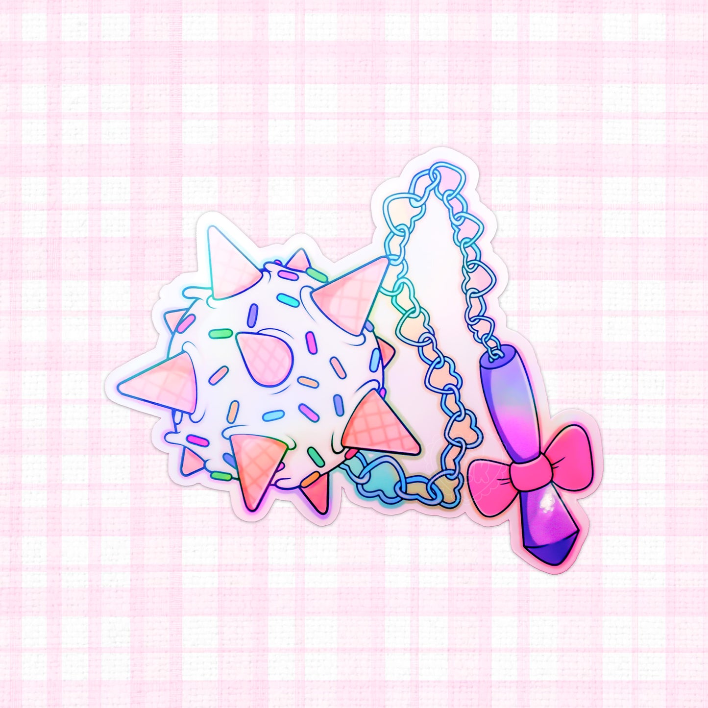 Illustration of a mace-shaped ice cream, decorated with pastel sprinkles and ice cream cones, attached to a chain and bow, in holographic finish.