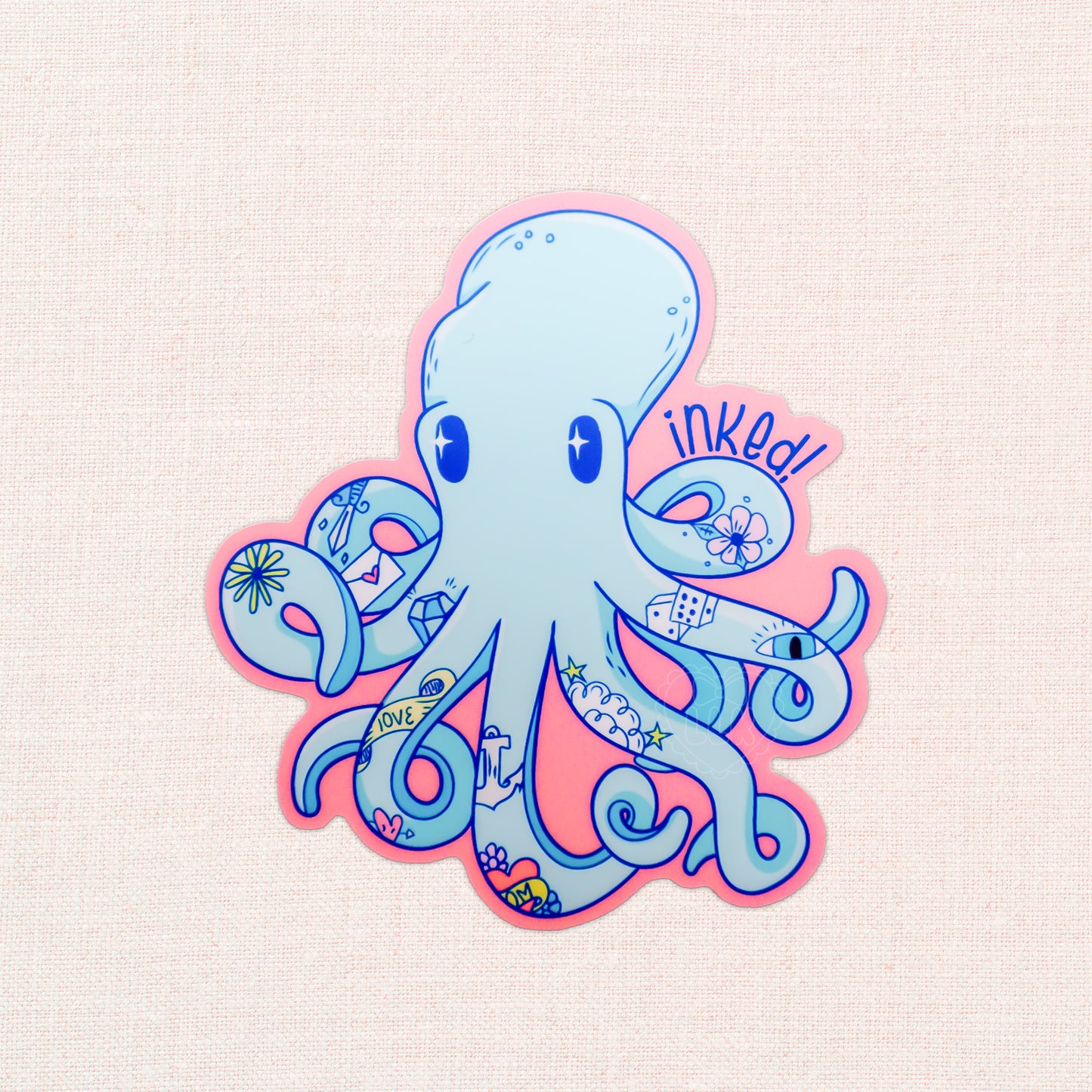 Cute matte sticker of an octopus with various tattoo designs