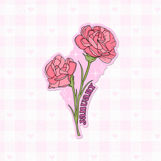 January birth month flower sticker with pink carnations and 'January' text.