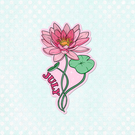 July birth month flower sticker featuring a pink water lily design with 'July' text.