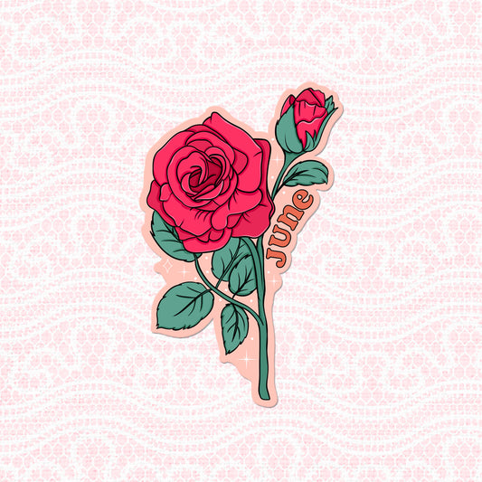 Matte vinyl sticker of red roses labeled 'June' in a vibrant display.