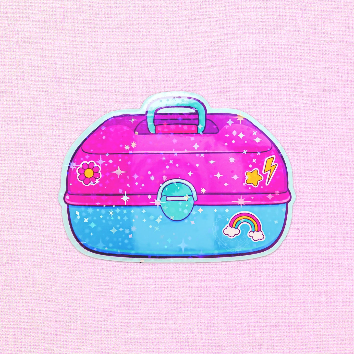 Holographic sticker of a colorful makeup case.