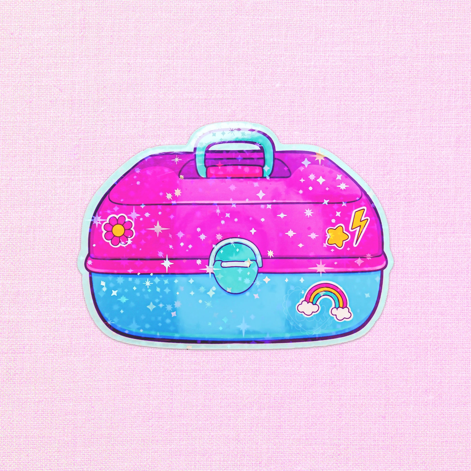 Holographic sticker of a colorful makeup case.