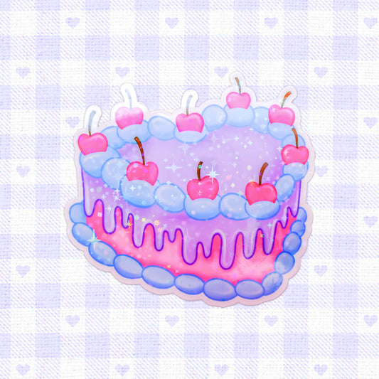 Holographic sticker of a vibrant, multicolored birthday cake adorned with stars and cherries.