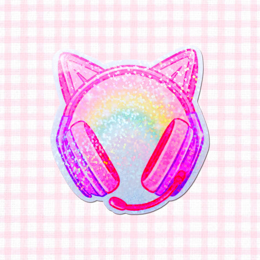 Holographic vinyl sticker of a gamer headset with kitty ears, featuring a rainbow.