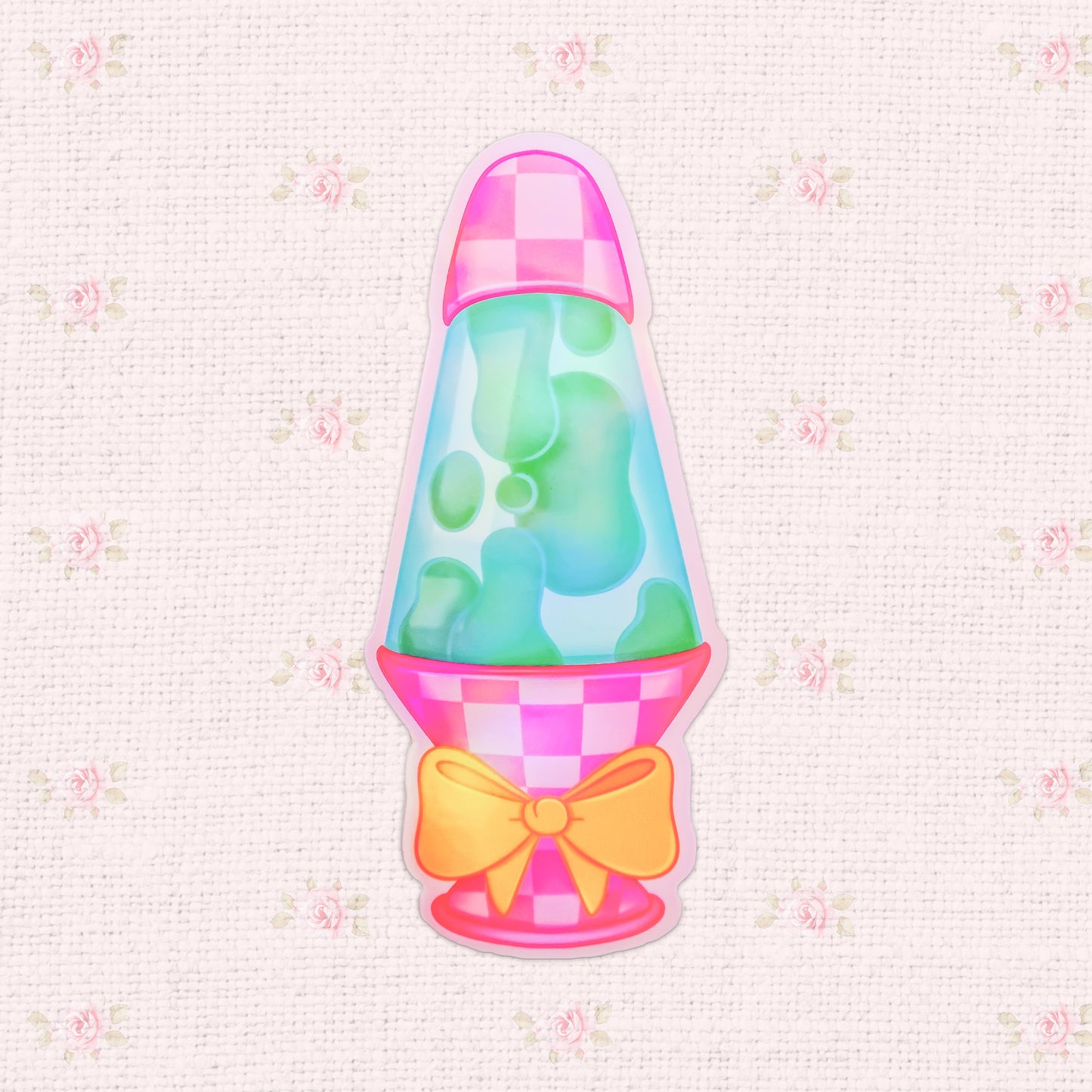 Holographic sticker of a colorful, glittering lava lamp.