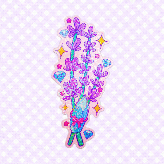 Holographic sticker of a lavender bundle with sparkling gems.