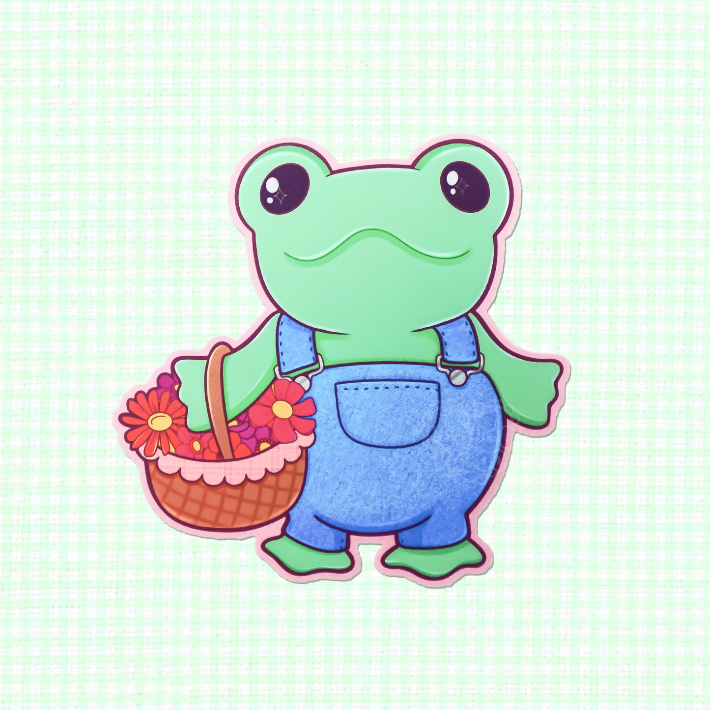 Matte sticker featuring a cute frog with a flower basket.