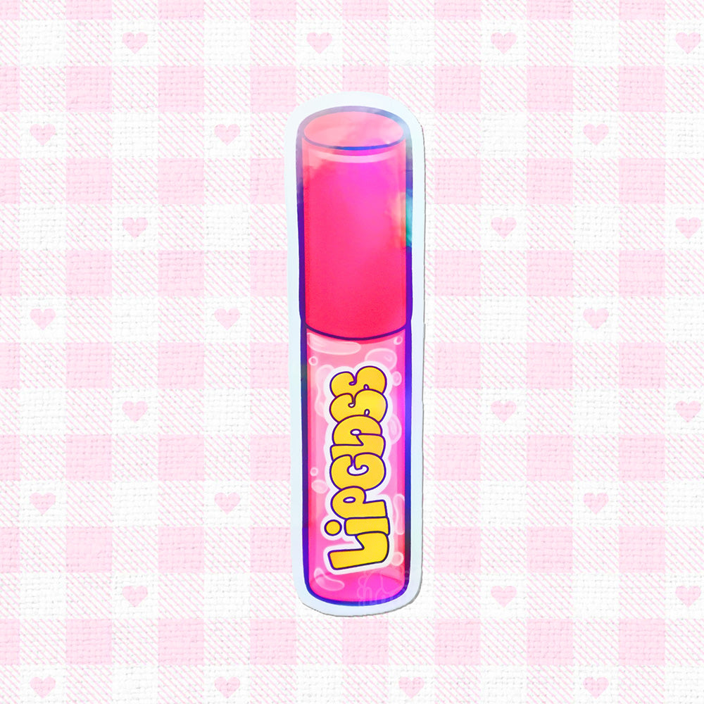 Holographic sticker of a Y2K-style lipgloss tube.