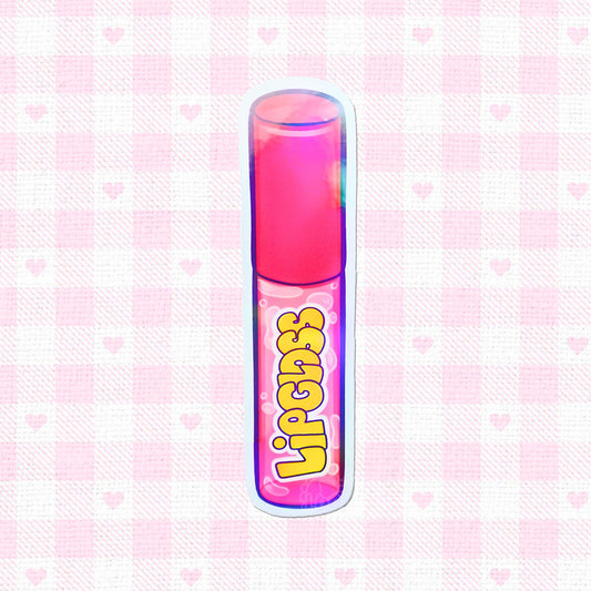 Holographic sticker of a Y2K-style lipgloss tube.