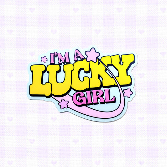  Matte sticker featuring the message 'I'm a Lucky Girl' surrounded by cute stars and pink accents.