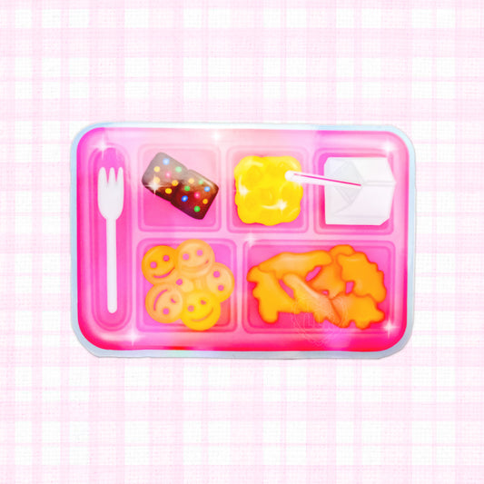 A shimmering sticker depicting a school lunch tray with colorful food items in a holographic finish.