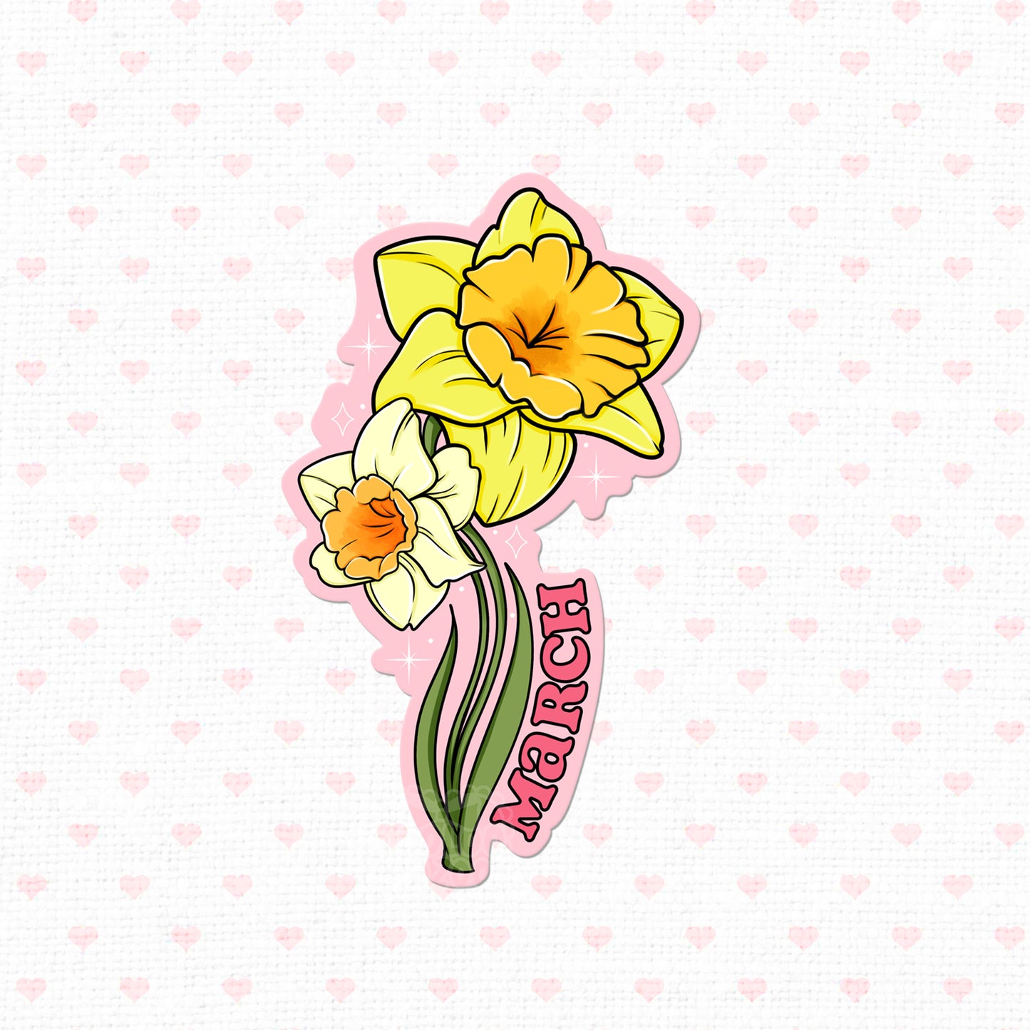 Matte vinyl sticker of yellow daffodils labeled 'March' in a sunny design.