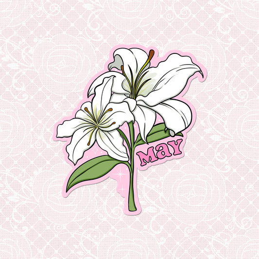 Matte vinyl sticker of white lily of the valley flowers labeled 'May' in a pure and simple design.