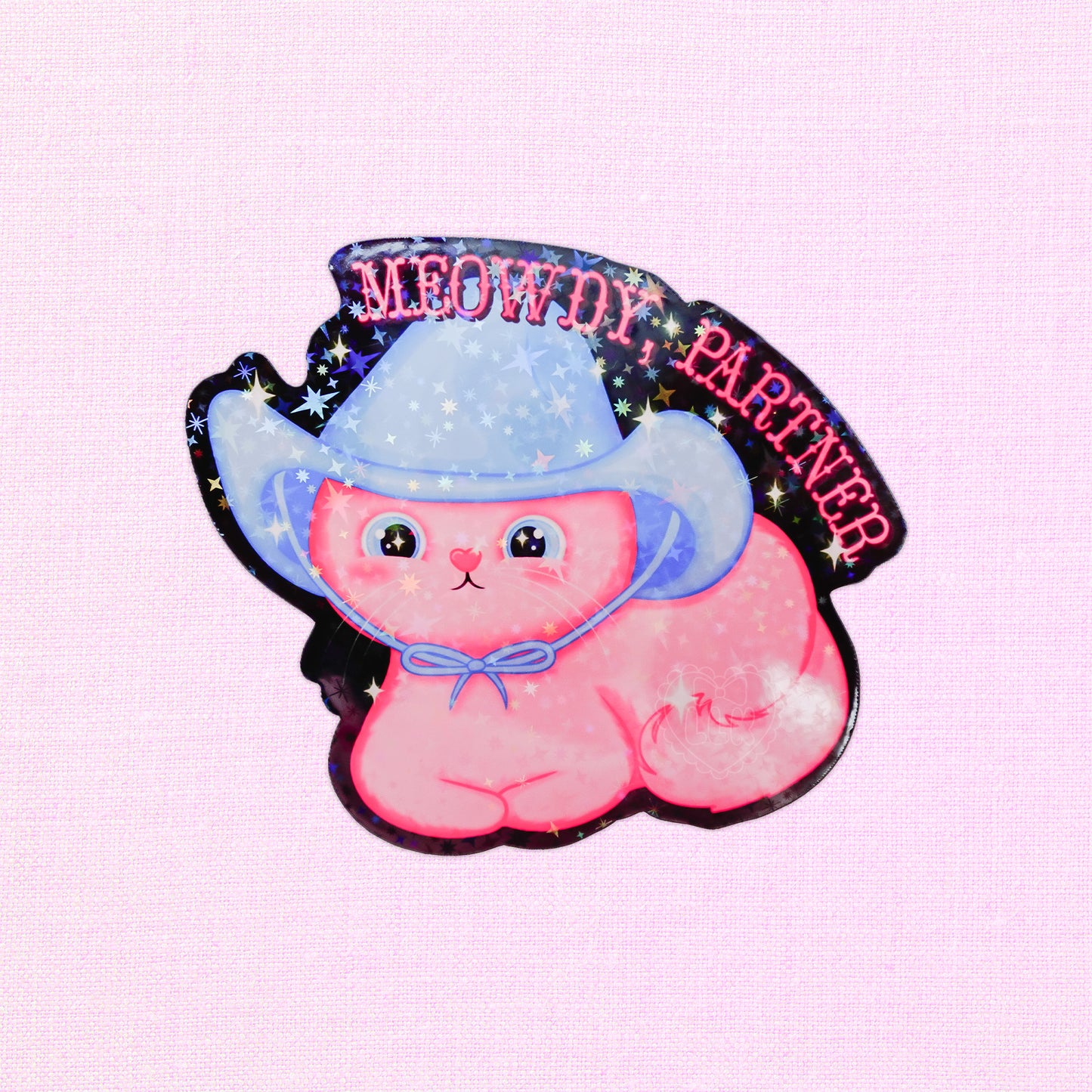 Pink cat in cowboy hat holographic sticker