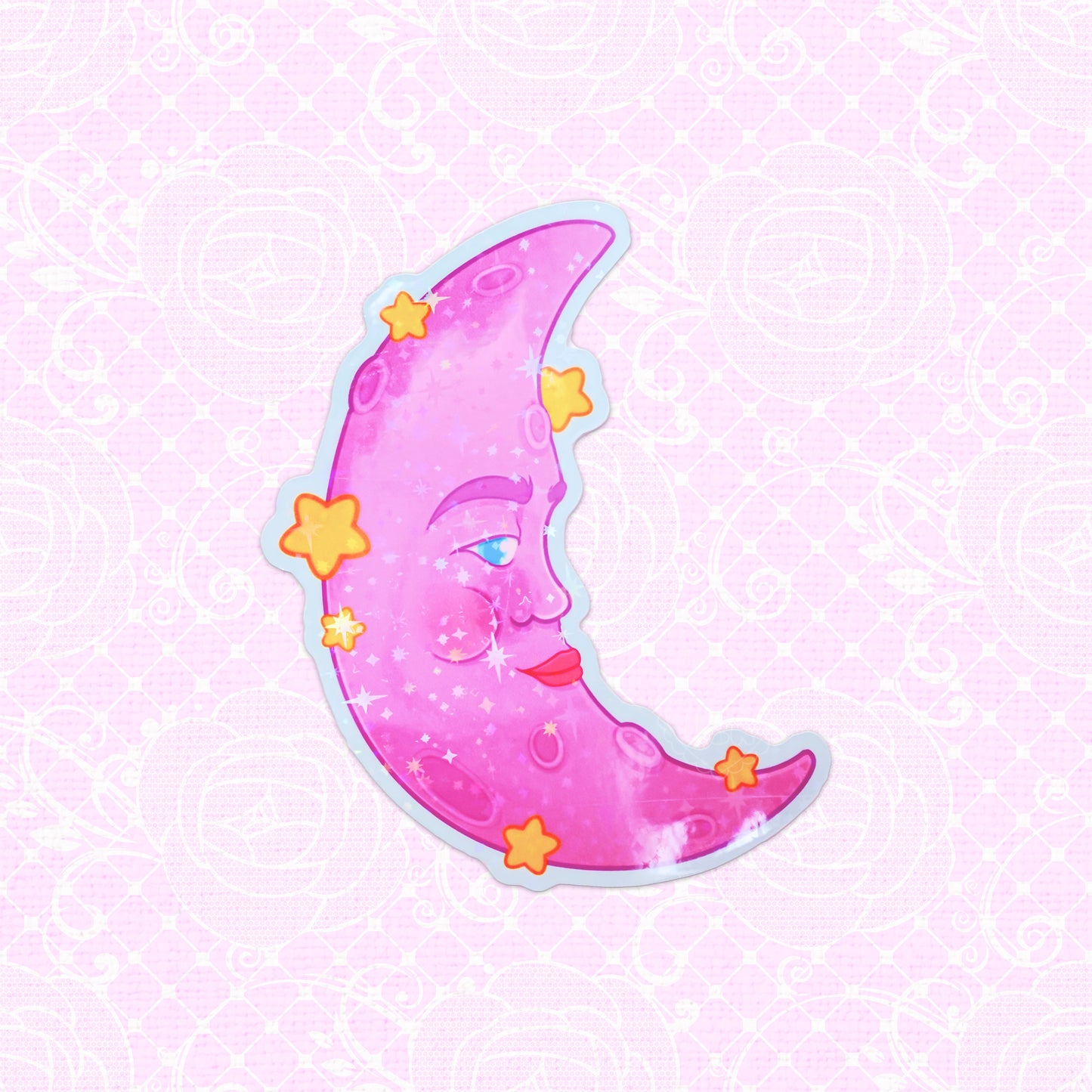 Holographic vinyl sticker of a crescent moon with a face, perfect for decorating laptops, water bottles, and journals.