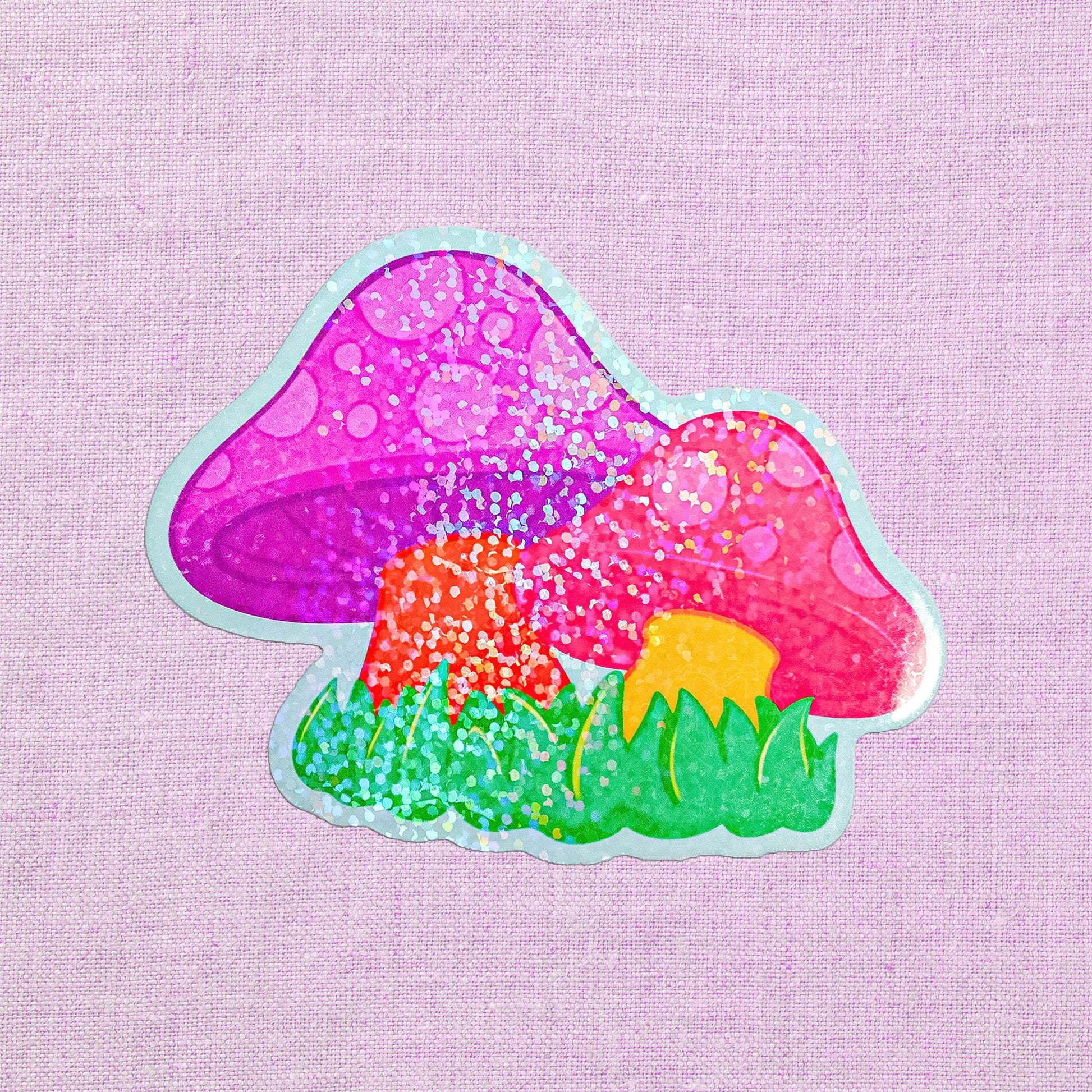 Cute holographic colorful mushrooms vinyl sticker with kawaii design, waterproof and ideal for laptops, water bottles, journals, and planners.