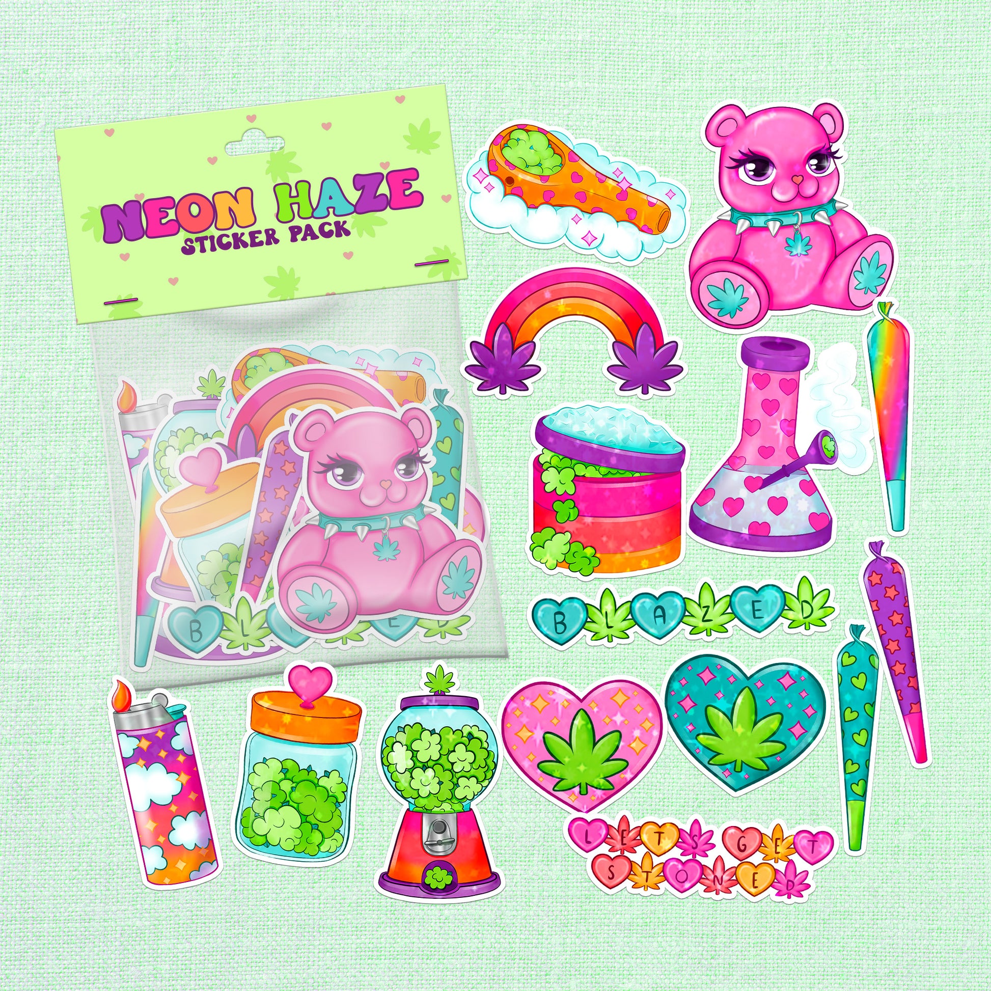 Neon-themed vinyl sticker pack with psychedelic designs and vibrant colors including rainbows and mushrooms.