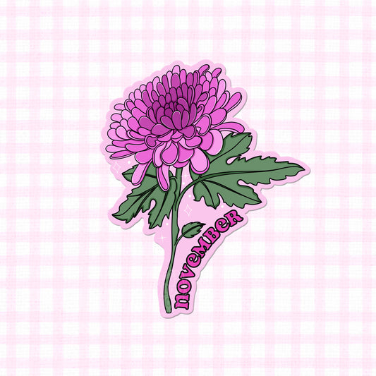 November Chrysanthemum birth month flower vinyl sticker in matte finish with pink petals.