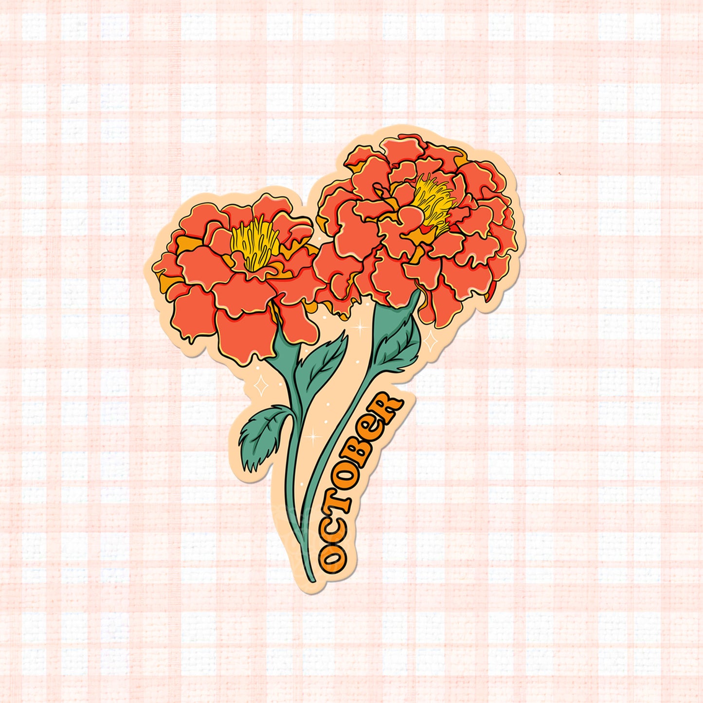 Matte vinyl sticker of orange marigolds labeled 'October' in a warm autumnal tone.