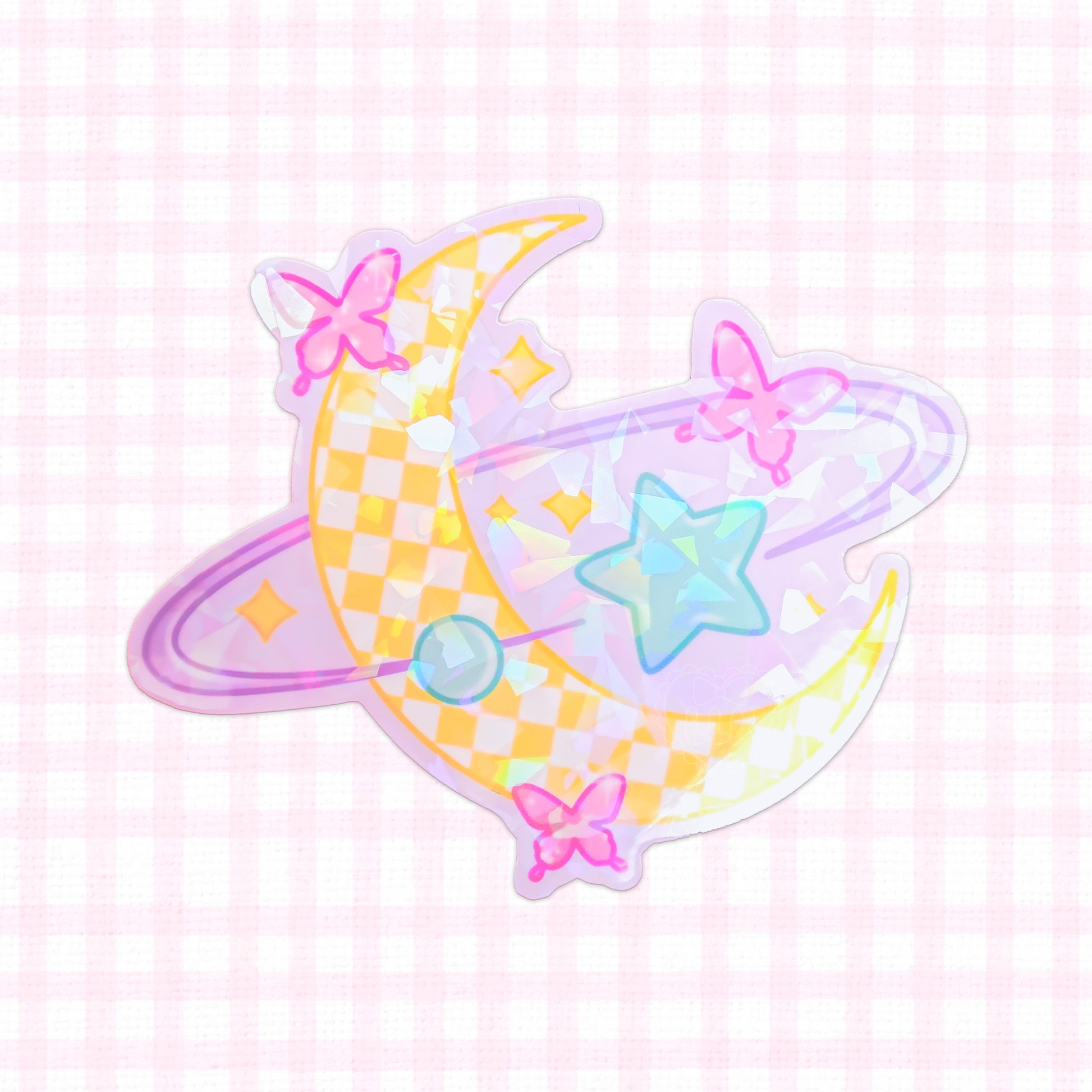 Holographic vinyl sticker featuring a pastel checkered moon adorned with stars and butterflies.