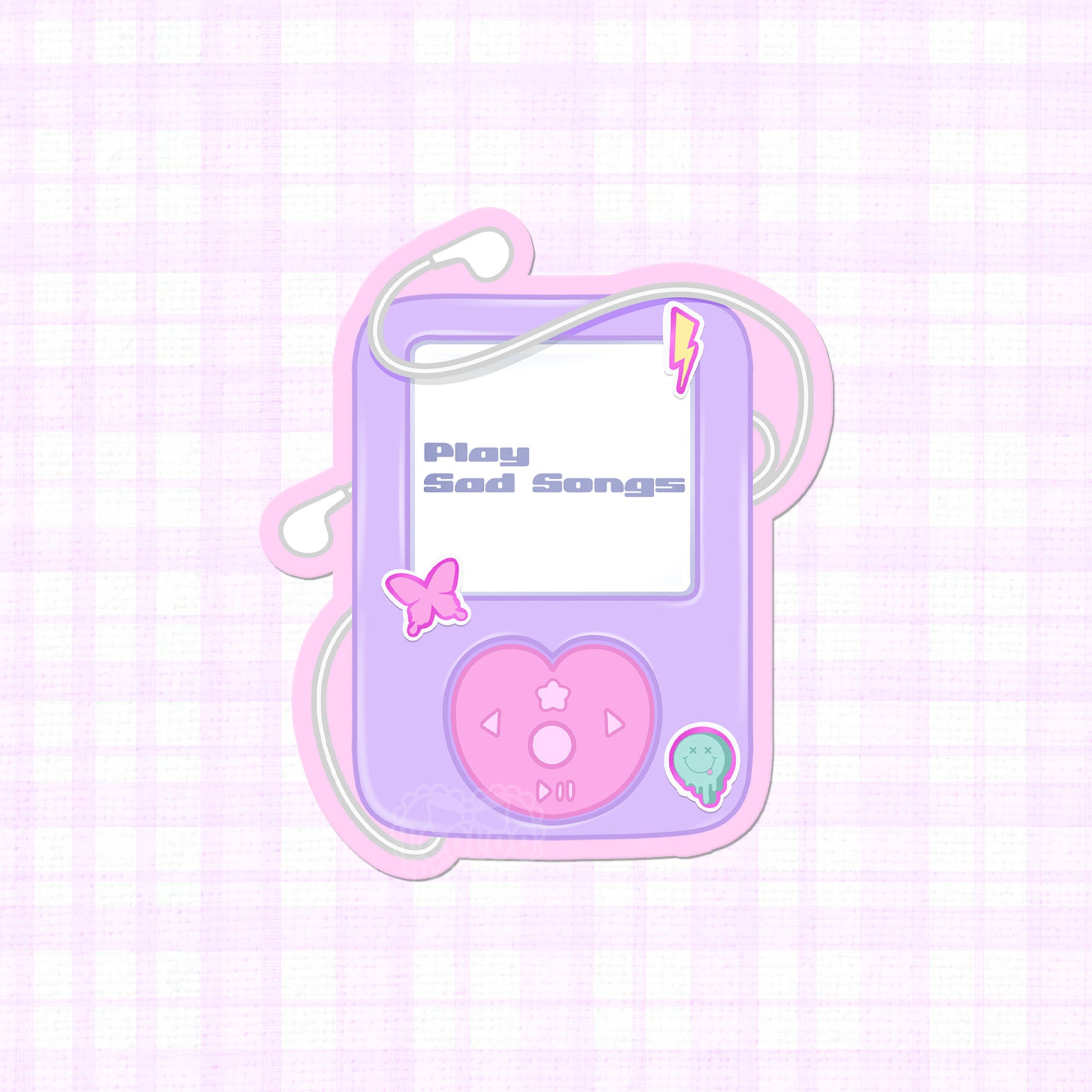 A pastel purple music player with "Play Sad Songs" text in a cute design, available as a vinyl sticker.