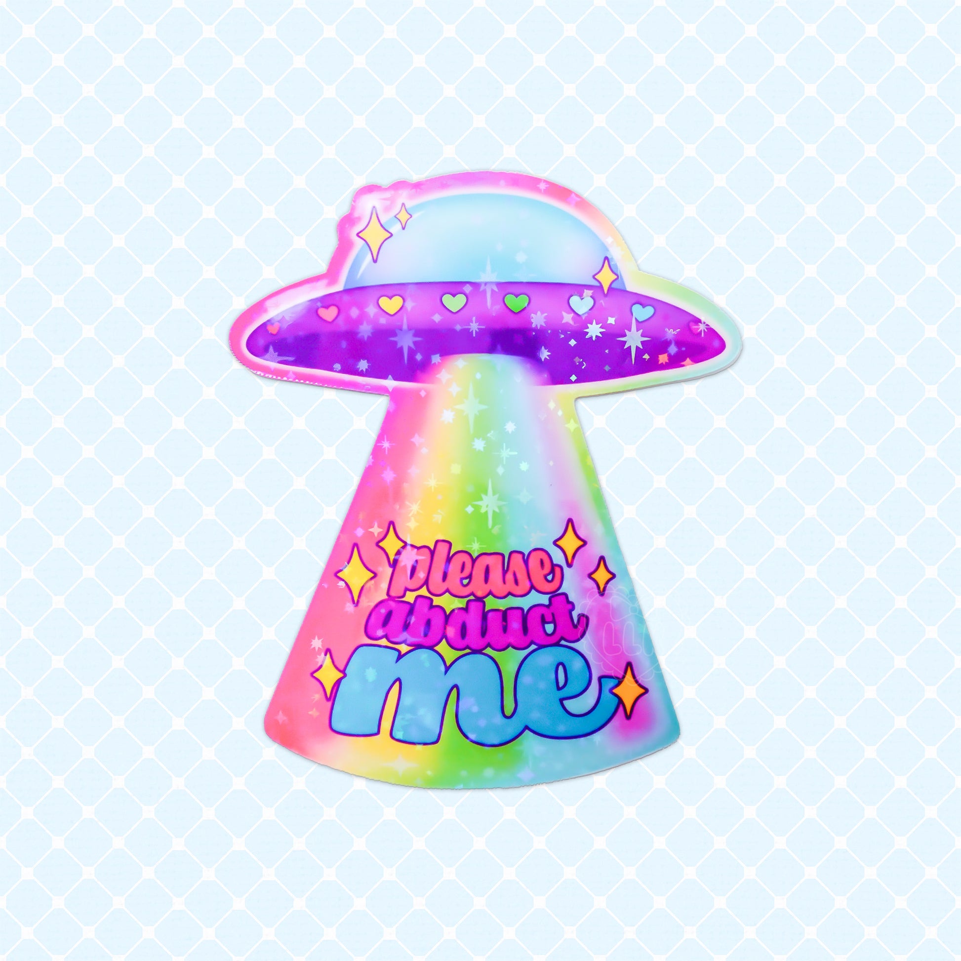 UFO holographic sticker with "Please Abduct Me" text