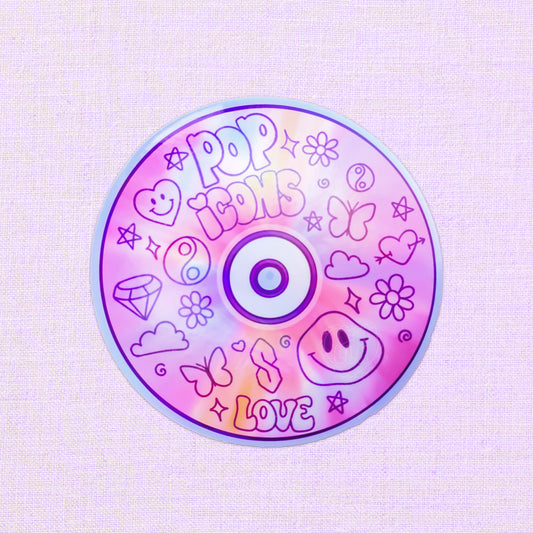 Holographic vinyl sticker featuring a CD with doodles, perfect for laptops, water bottles, and journals.