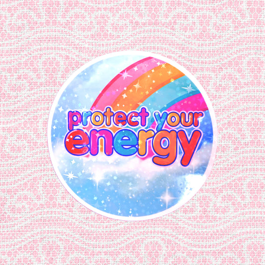 Cosmic rainbow holographic sticker reading "Protect Your Energy"