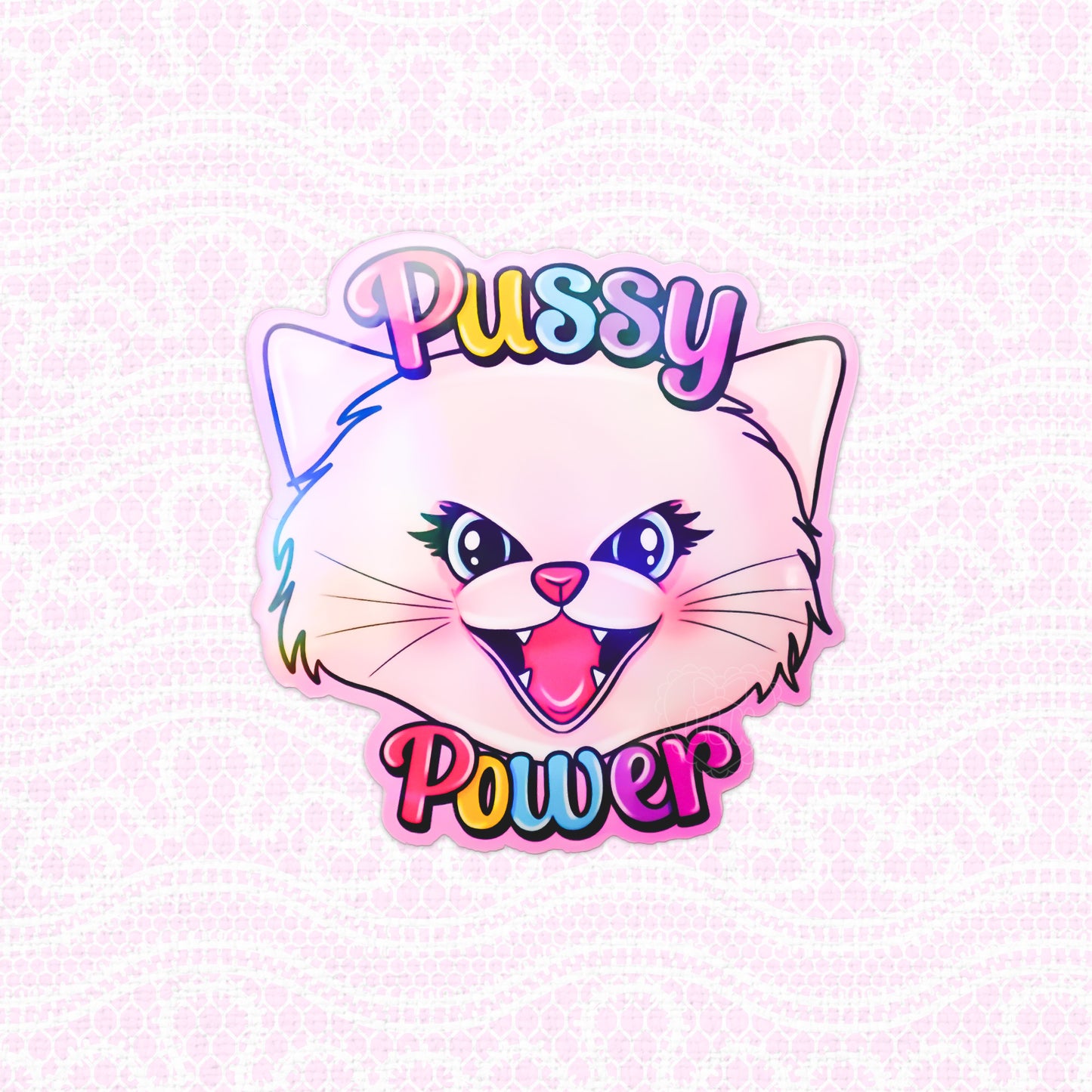 Cat holographic sticker reading "Pussy Power"