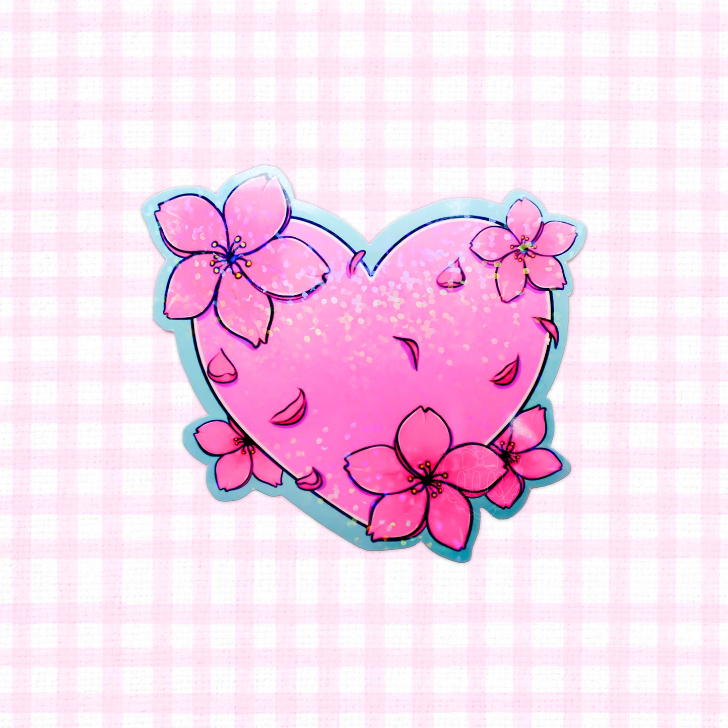 Holographic heart-shaped vinyl sticker adorned with pink sakura flowers.