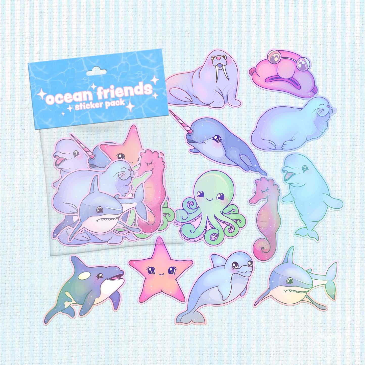 Assorted marine life vinyl stickers including dolphins, whales, and seals in pastel colors.