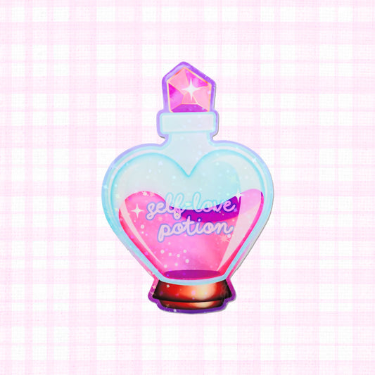 Holographic vinyl sticker of a potion bottle labeled 'Self-Love Potion' with sparkles and a heart.