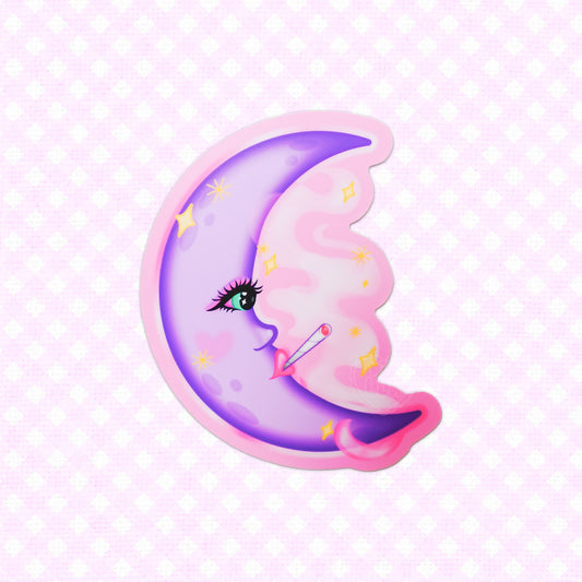 Matte vinyl sticker of a moon exhaling smoke.