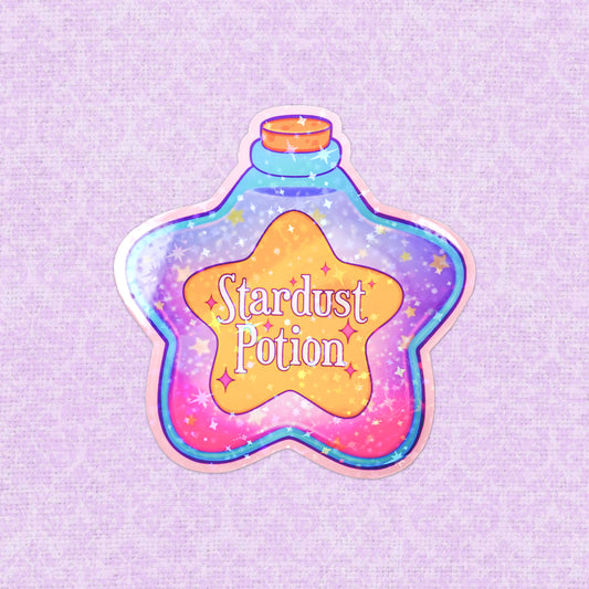 Holographic potion bottle sticker labeled 'Stardust Potion.