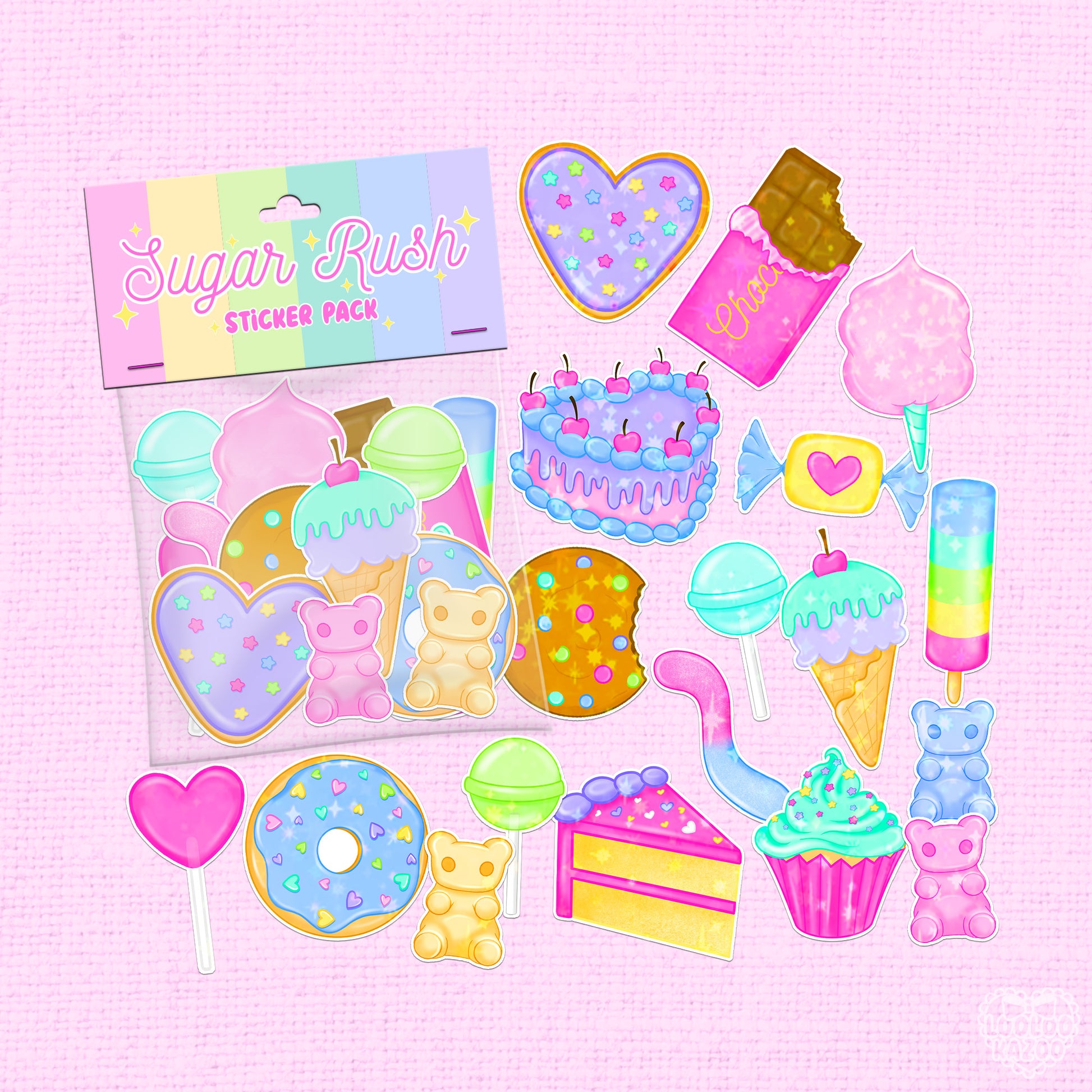 Colorful vinyl stickers of candies, ice creams, and cakes in bright, sugary designs