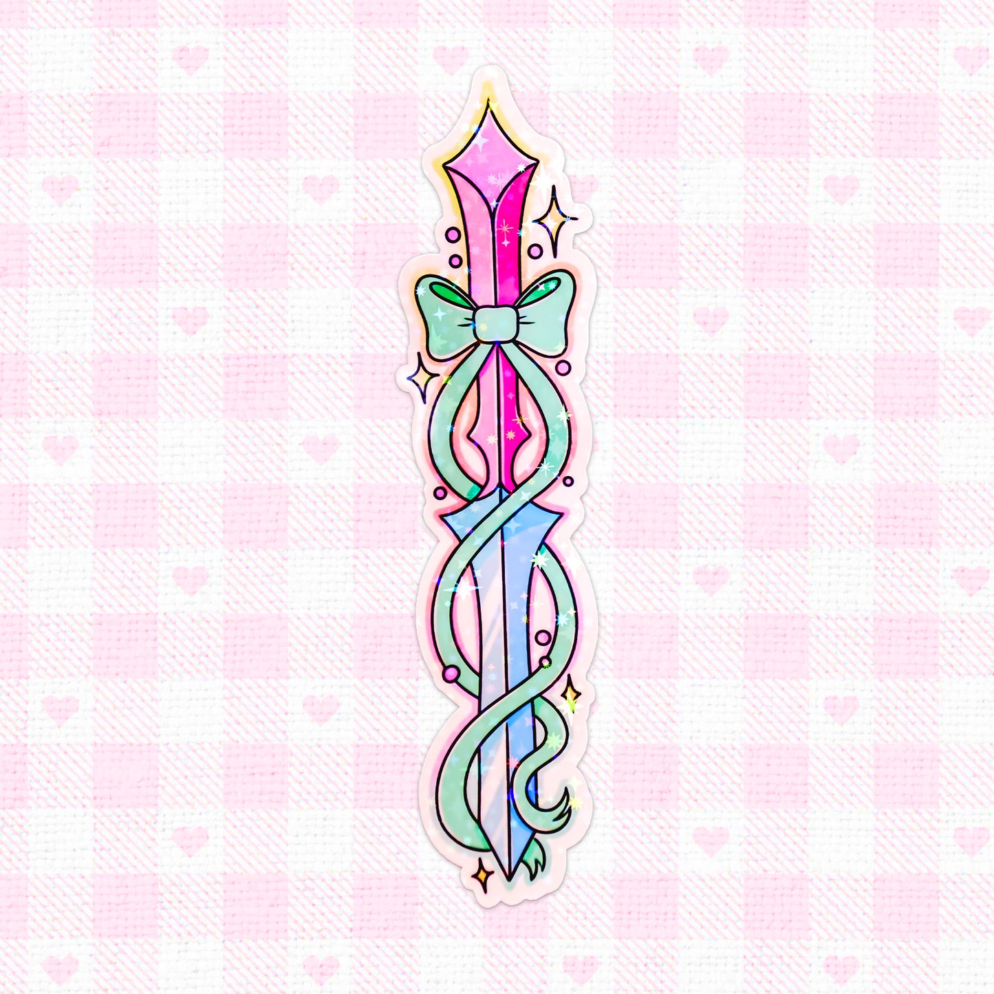 Holographic vinyl sticker of a magical sword with celestial designs.