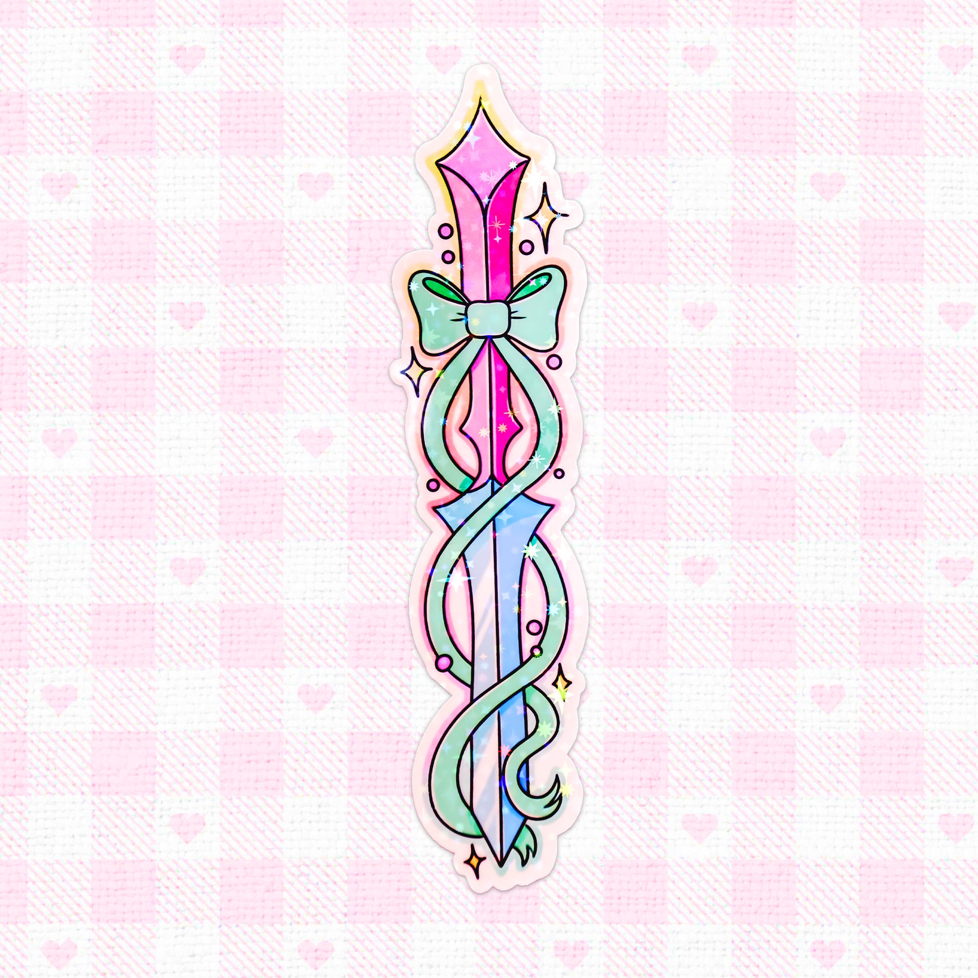 Holographic vinyl sticker of a magical sword with celestial designs.