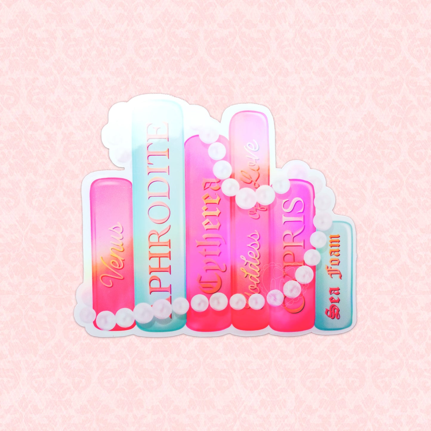 Holographic vinyl sticker of colorful books with names of various goddesses.