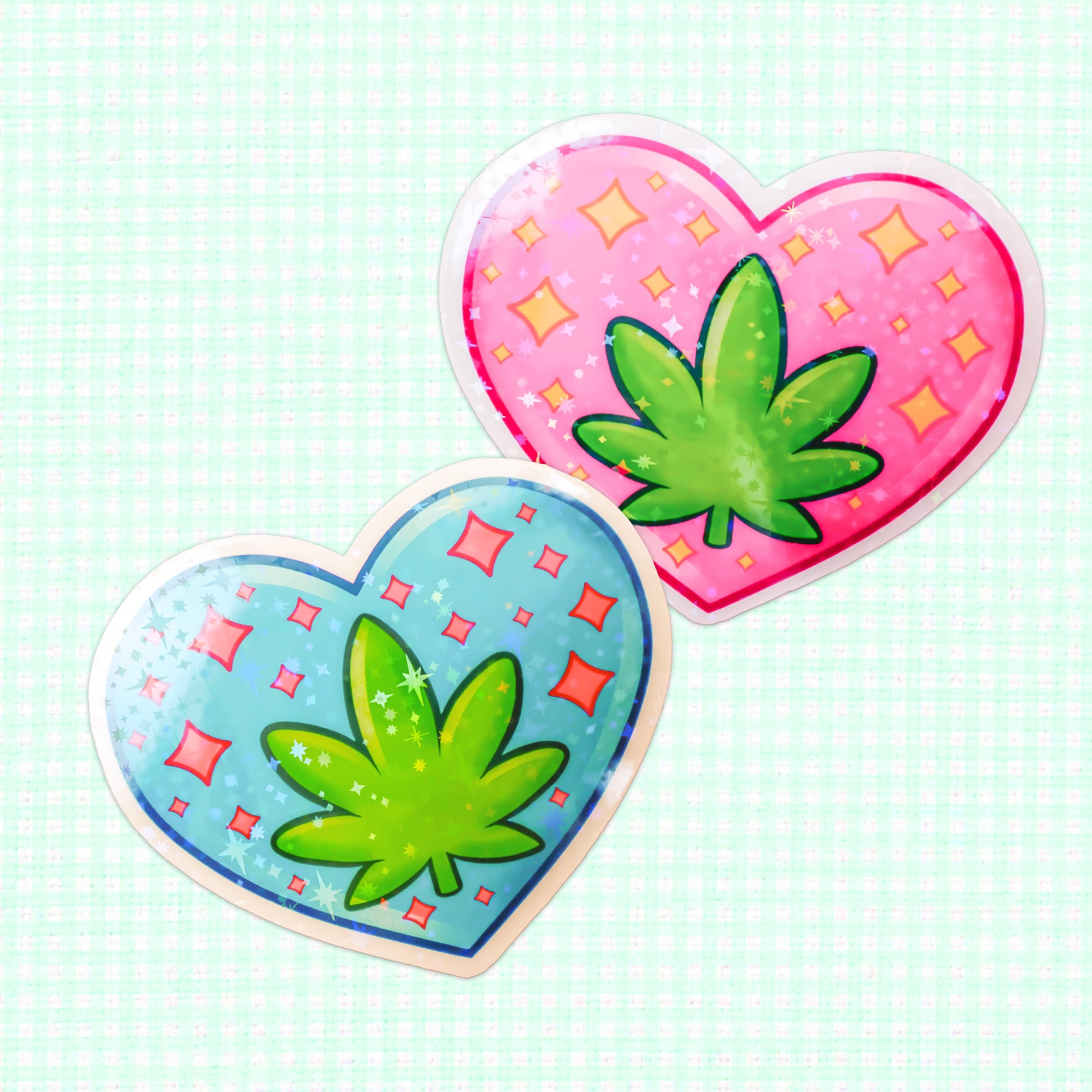 Holographic vinyl sticker with two hearts adorned with weed leaves.