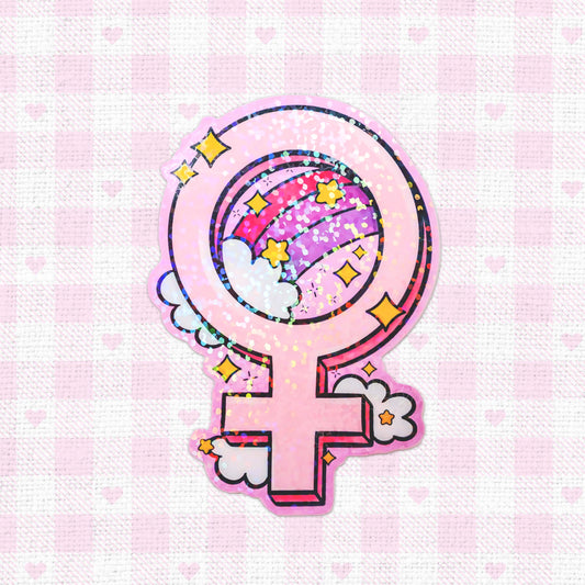 Holographic vinyl sticker of the women's symbol with a colorful, celestial background