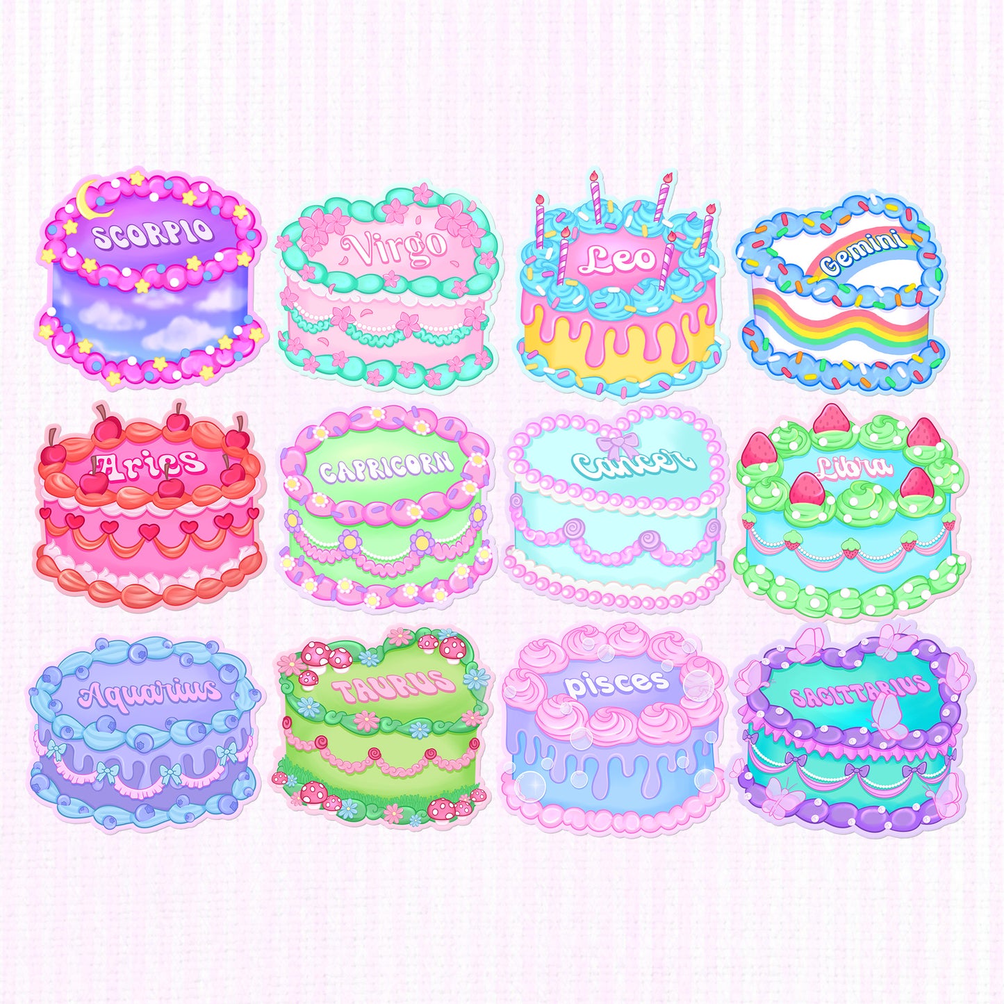 Collection of Zodiac Cake holographic vinyl stickers, each featuring a unique cake design for each astrological sign