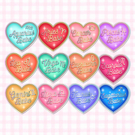 Collection of Zodiac Heart Babe holographic vinyl stickers, each in a vibrant heart shape with the name of the zodiac sign